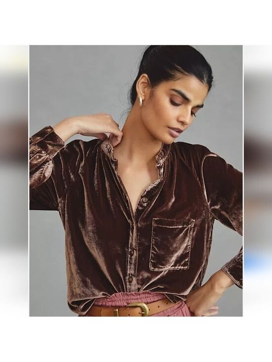 Anthropologie Tops - Anthropologie Pilcro Velvet Blouse Silver Gray XS